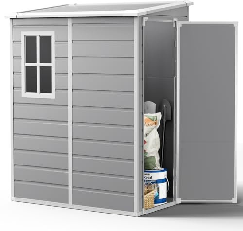 XEMQENER Lockable Plastic Waterproof Storage Shed with Floor, 5x4 FT Outdoor Storage with Window, 138x110x192cm, Grey