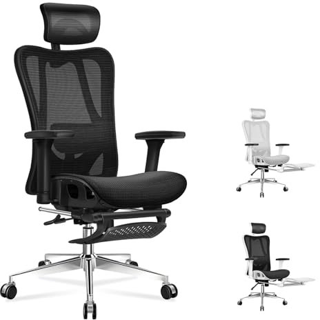ALFORDSON Ergonomischer Netz-Bürostuhl mit 3D-Armlehne, Chefsessel mit Verstellbarer Kopfstütze und Fußstütze, neigbarer Schreibtischstuhl mit adaptiver Lendenwirbelstütze, Schwarz