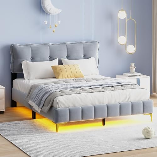 Skcess Polsterbett 160 X 200 cm, Jugendbett, Doppelbett Mit Led-Leuchten Mit Rückenlehne Mit Lattenrost Samtstoff Hohe Metallfüße Grau