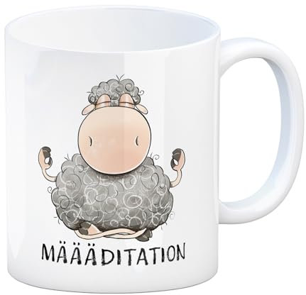 Schaf Kaffeebecher mit Spruch MÄÄÄditation Yoga Tasse Meditation Begleiter Sportlich Witzig Humorvoller Süßer Flauschiger Schaf-Becher