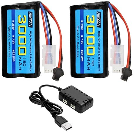 AMZZN 2PCS 7.4V 3000mah 15C 2S SM-2P prise lithium-ion avec chargeur 2-en-1 pour H105 H103 H101 RC navire, MN D99 D99s D90 D91 RC voiture, camion télécommande navire batterie de secours