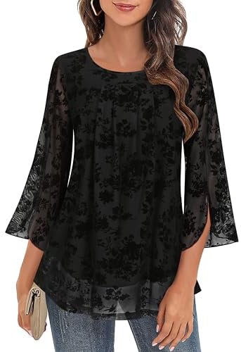 Gemulate Black Chiffon Tops for Women UK Ruffle 3/4 Sleeve Tops Round Neck Overlay Layered Top for Women Ladies Evening Top - Black Jacquard Weave, XL