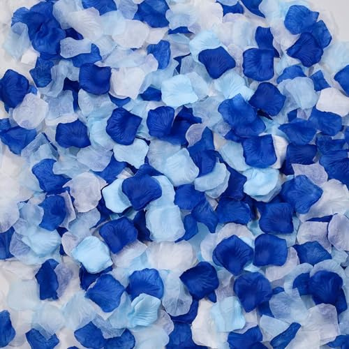 Realand Lot de 3000 pétales de rose artificiels pour nuit romantique, Saint-Valentin, panier de demoiselle d'honneur, demande en mariage, bleu foncé + bleu clair + blanc