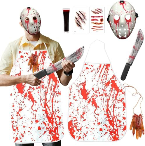 Disfraz de carnicero de Halloween para hombres adultos, máscara de purga de oso, delantal sangriento, cuchillo, hacha, accesorios, tatuajes falsos, calcomanías para adultos (Blanca)