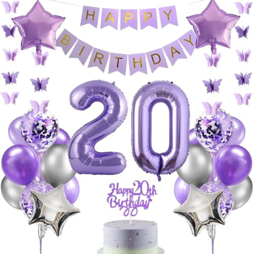 Anlgdi Luftballons 20. Geburtstag Dekoration, Lila Tortendeko Geburtstag 20 Jahre Mann, Geburtstagsdeko 20 Jahre Manner Frauen, Happy Birthday Banner für 20. Geburtstags MannerParty Dekoration