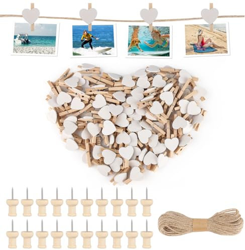 100 Pezzi Cuore Mollette Legno Decorative, Mollette Legno Piccole Bianche con 20m di Corda di Luta e 20 Spille, Mollette per Foto, Mollette Cuore Piccola per Foto Cartoline da Parete