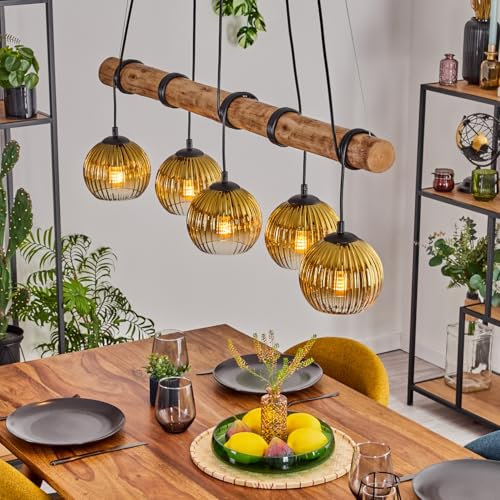 HOFSTEIN Pendelleuchte Koyoto, 5-flammige Hängelampe aus Metall/Holz/Riffelglas in Schwarz/Natur/Gold/Klar, Vintage Hängeleuchte, Glasschirme, Holzbalken, max. 150cm, E27, Esszimmer, Wohnzimmer, Küche