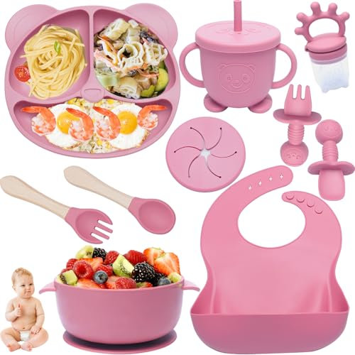 Kinyoda Vajilla Bebe Silicona 10 Piezas, Cubiertos Bebe, Silicona Vajilla Infantil Antideslizante Con Plato Bebe Ventosa Vasito Cuchara Babero, Vajilla de aprendizaje para comer destete(Rosa)
