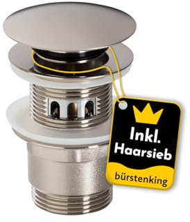 Bürstenking Ablaufgarnitur Waschbecken – Ablaufventil mit Haarsieb – für Waschbecken & Waschtisch – 1 1/4 Anschlussgewinde – Push-Open Funktion – mit Überlauf – 6,0 cm – ø 66 mm – gebürstetes Nickel