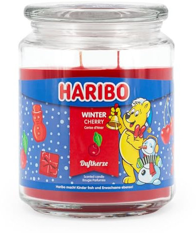 Haribo Duftkerze im Glas | Winter Cherry 510g | Fruchtiger Kirschduft mit Karamell & Zimt | 100h Brenndauer | Doppeldocht | Weihnachtskerze im Glas | Geschenkidee für Winter & Advent