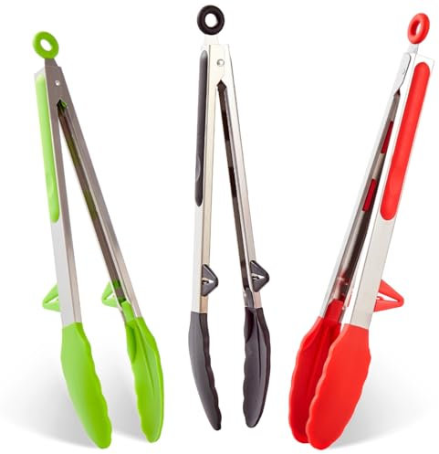 Lot de 3 Pince Cuisine Silicone, 30cm Pince Barbecue inox avec Embouts en Silicone, Pince Plancha pour Griller, Barbecue, Buffet(Noir, Rouge, Vert)
