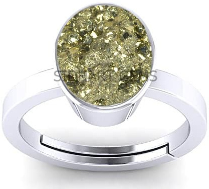 INDIA MADE 15,25 Karat 16,25 Karat Natürlicher Pyrit-Kristall Versilberter Ring mit verstellbarer Größe für Männer und Frauen - 30606, Silber, künstlicher Saphir, Silber, Saphir