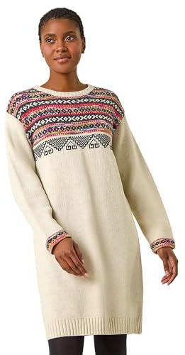 Roman Thick Jumper Dress for Women UK Ladies Fairisle Aztec Knitted Knit Sweater Knitwear Autumn Winter Holiday Round Neck Long Sleeve Soft Knee Length Sweat Warm Thick - Ivory - Size 18