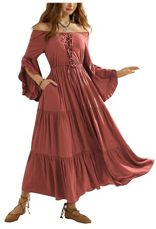 SCARLET DARKNESS Damen Vintage Kleider Elastische Taille Rüschenärmel Weihnachten Kleider Orangerot XXL