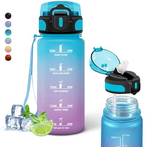 Trinkflasche Kinder, 500ml Trinkflasche, Trinkflasche mit Strohhalm, Leicht zu Reinigen, Trinkflasche mit zeitmarkierung, Auslaufsicher, Wasserflasche für Schule, Reisen, Camping, Running, Blau-Lila