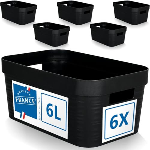 Stimo 6er Set Aufbewahrungsbox 6L Aufbewahrungskorb Kunststoff Ordnungsbox mit Griffen für Badezimmer Regal Organizer Box (Schwarz, 6er Set 6L)