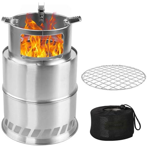 Poêle à bois de camping portable avec plaque en filet de barbecue, réchaud de camping en acier inoxydable, réchaud Hobo avec sac de transport, pliable et coupe-vent, poêle à bois pour camping,
