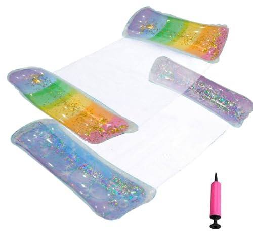 Kalamakala Hamaca Piscina 2pcs, Colchonetas Inflables Piscina, PortáTil Colchonetas Piscina Grandes, 4-En-1 Hamaca Hinchable Piscina, Flotadores Piscina con Bomba de Aire (Lentejuelas Multicolores)