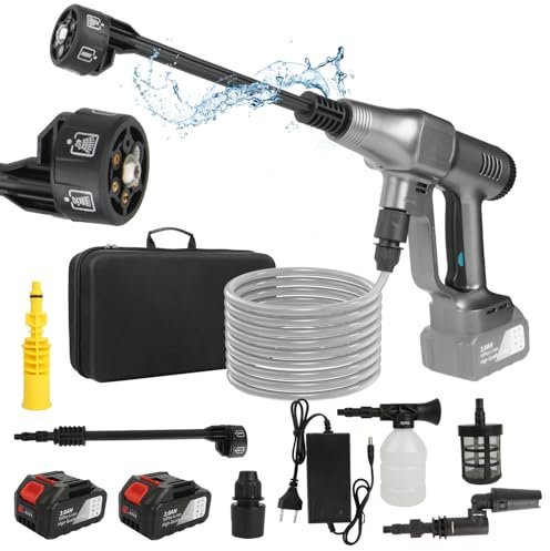Hidrolimpiadora Bateria, 100Bar Máximo Press & Clean Pistola Lavado con Boquilla Ajustable 6 en 1, Hidrolimpiadora portátil con batería de 13000mAh para Coche Suelo Jardín Limpieza (Gris-2 batería)