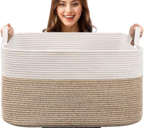 Esteopt Extra Large 85L Foldable Storage Baskets with Handles - Heavy Duty Cloth Organizer Box for Toys, Blankets, Seasonal Clothes - Collapsible Space Saving Design (60*40*35cm) (White Flaxen)
