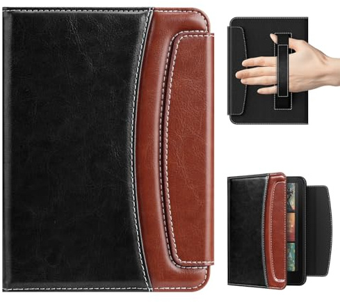 MoKo Étui avec Dragonne pour 7 Kindle Paperwhite(12e Génération-2024) et Kindle Colorsoft 2024&2025,Étui Fin en PU avec Fermoir Magnétique Veille/Réveil Automatique et Porte-Cartes, Noir et Marron