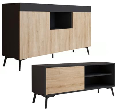 MB Muebles Bonitos | Conjunto de Mueble de Salón Kai con Aparador y Mueble TV | Diseño Moderno | Melamina Mate | Color Negro y Sonoma