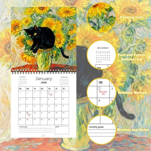 Kalender 2026 mit Katzen in berühmten Gemälden | Vangogh-Katzen-Kunstkalender | 12-Monats-Kalender mit lustigen schwarzen Katzen | Kätzchen-Impressionist-Wandkunst-Monatsplaner für Katzenliebhaber