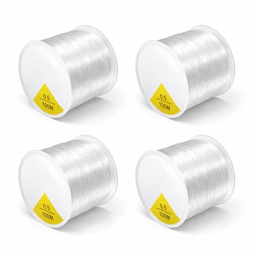 Fishing Wire Clear Fishing Wire for Hanging Decorations and Crafts, 4PCS 0.5mm Fishing Line 100m Rolls, Elastic Cord Clear Bracelet String Invisible Beading Thread, Strong Transparent Hanging Use