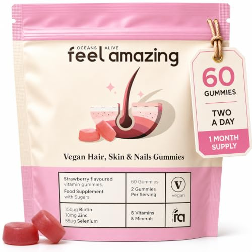 Feel Amazing Vegan & Halal Hair Skin & Nails Gummies - Biotin, Zinc, C 60 | Vegan & Halal strawberry gummies with biotin, zinc, selenium & vitamin C - support normal hair, skin, nails & collagen