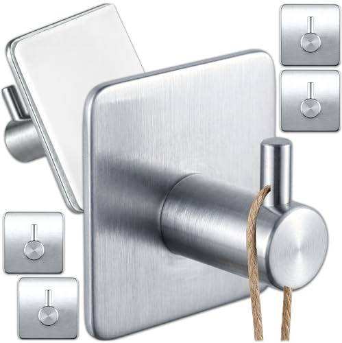 KRUMAD Set 6 Stk Selbstklebende Haken ohne Bohren, Wasserfeste Klebehaken Bad, Silber Handtuchhalter, Langlebige Haken für Bad, Wandhaken für Handtücher, Küche und Flur, Starke Haftung