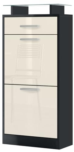 Vladon Schuhschrank Loret V2, Schuhkipper für 8 Paar Schuhe mit 2 Klappen, 1 Schublade und Glasablage, Schwarz matt/Creme Hochglanz (46 x 104 x 23 cm)