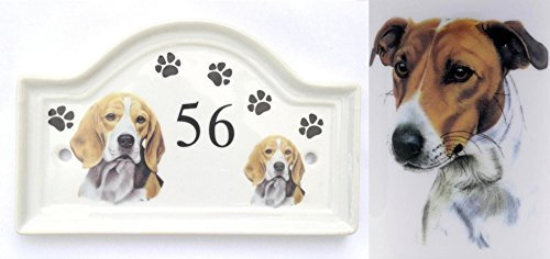 (BB35) House Door Number Plaque plate Ceramic BROWN AND WHITE JACK RUSSELL Dog Breed Number Sign Any Number Available Hand Decorated in the U.K. Free UK Delivery Any breed- any house number- Dog House Door Plaque Porcelain Outdoor Plaques PAWPRINTS,