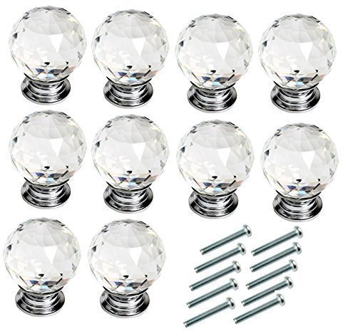 Xshelley 10Pcs 40mm Diamond Cut Clear Crystal Glass Kitchen Drawer Door Knob Cupboard Pull Handle Hardware for Bedroom Furniture, Bedside Cabinet, Dresser Unit and Chest