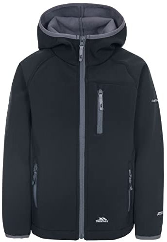Trespass Kian Veste Softshell avec capuche fixe-Mixte enfant, noir (Noir), 9/10 ans