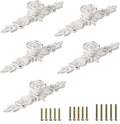 JUXYES Pack of 5 Euro Rose Decorative Cabinet Knobs with Plate, Floral Ivory Drawer Knob Cupboard Door Knobs, Ivory White Drawer Pulls Cabinet Handle Knobs for Dresser Cabinet (L, Ivory with Silver)