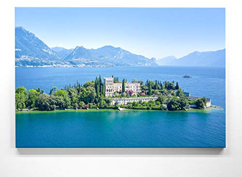 Panorama Leinwand, Insel Isola del Garda, Gardasee - als 150x50cm großes XXL Leinwandbild. Wandbild als Hintergrund und Deko für Wohnzimmer & Schlafzimmer. Aufgespannt auf 2cm Holzrahmen