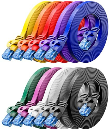 deleyCON 10x 0,5m CAT6 Plano Cable de Red 1000 Mbit Gigabit LAN - Cat 6 RJ45 Ethernet Cable de Conexión Delgado Cable de Instalación Plano - para Internet Conmutador Router Módem - Colorido