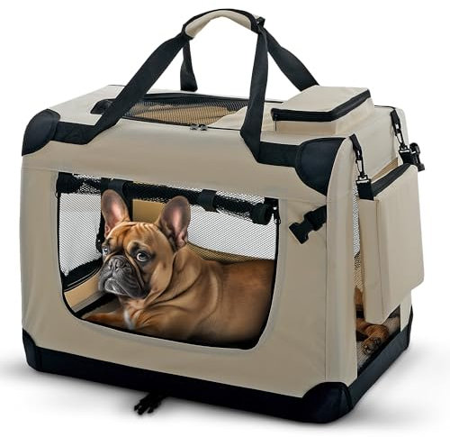 PET VIOLET Hundetransportbox Hundebox Faltbar Auto Transporttasche Hunde Katzen Tragetasche 62x42x44 cm, Beige
