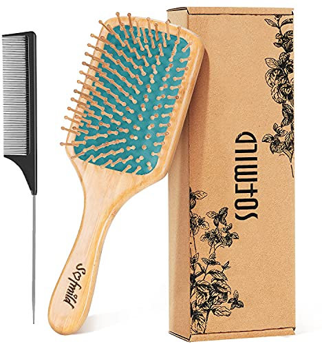 Hair Brush, Eco-Friendly Bamboo Paddle Hairbrush for Long Short Curly Thick Thin Hair for Men Women Kids, Massaging Scalp, Reducing Tangle & Hair Breakage, Promoting Hair Growth (Blue)