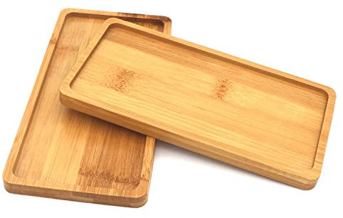 GUKBIAY Sottovaso per piante in bambù, 17,2 x 8,9 cm, confezione da 2, mini sottovaso rettangolare per vasi di fiori in ceramica moderna