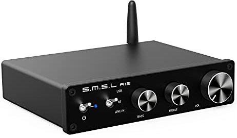 SMSL A12 Bluetooth 5.0 Amplificador de Audio de Alta Fidelidad, Mini Amplifier de Potencia de 2 Canales Integrado de Clase D para Altavoces Domésticos con Control de Graves y Agudos MA12070