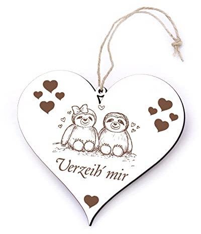 DEKO-LANDO Herz Schild - Verzeih mir Faultier 13 x 12cm Holz HDF Entschuldigung Geschenk Sorry Verzeihung Tut Leid Geschenke Beziehung, weiß