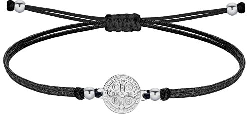 coitgo-Pulsera con amuleto de la Suerte y Protección Acero inoxidable- Pulsera Mujer o Hombre - Pulsera san benito - Pulsera Hilo Encerado Hecho a Mano (San Benito Plateado)
