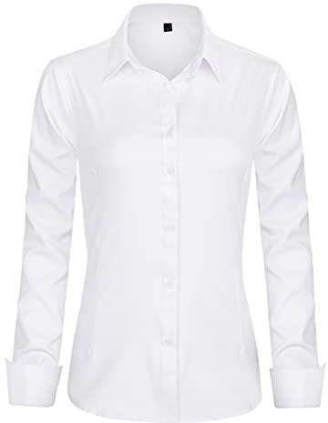 J.VER Womens Dress Shirts Long Sleeve Button Down Shirt Wrinkle-Free Business Casual Blouse Office Work Tops White Medium