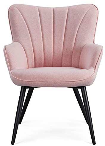 costoffs Linen Fabric Tub Chair, Upholstered Living Room Armchair, Modern Comfy Curved Back Accent Chair with Sturdy Legs for Bedroom Makeup Office, Pink