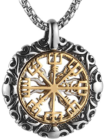 HZMAN Wikinger Vegvisir Nordischer Kompass Edelstahl Halskette Doppelseitige Hohlgravur Sonne Totem Anhänger Nordisches Amulett Schmuck