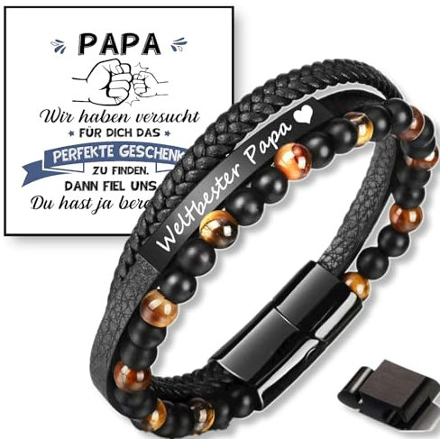 Jbniuay Vatertagsgeschenk Geschenke für Papa Armband Papa Gravur “Weltbester Papa” - Lederarmband Dad mit Perlen - Weihnachtsgeschenke für Papa Dad Männe