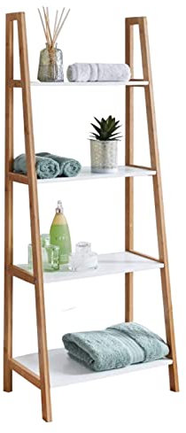 spot on dealz® 4 Tier Ladder Shelf Shelving Unit Narrow Bookcase Free Standing Shelves White Corner Bookshelf Wooden Furniture Living room Bathroom Display Stand