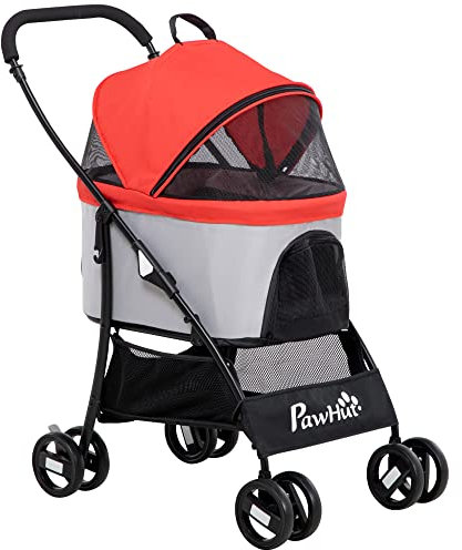 PawHut Passeggino per Cani 2 in 1 Pieghevole e Convertibile in Trasportino con 2 Guinzagli e Cuscino, Passeggino per Animali in Acciaio e Tessuto Oxford, 82x49.5x98 cm, Rosso e Grigio