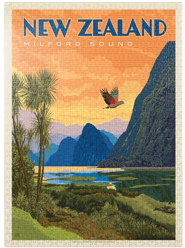 MyPuzzle New Zealand - Milford Sound Vintage Poster - Premium 1000 Teile Puzzle für Erwachsene
